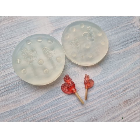 Silicone mold, Lollipop Сockerel, 2 parts mold, 3D, ~ 2.3-3.3 cm