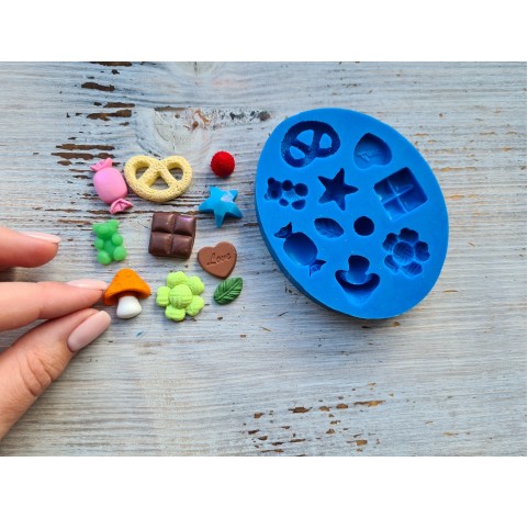 Silicone mold, Sweets and other, 10 pcs., (sweets, strawberry, mushrooms) ~ 0.7-2.5 cm