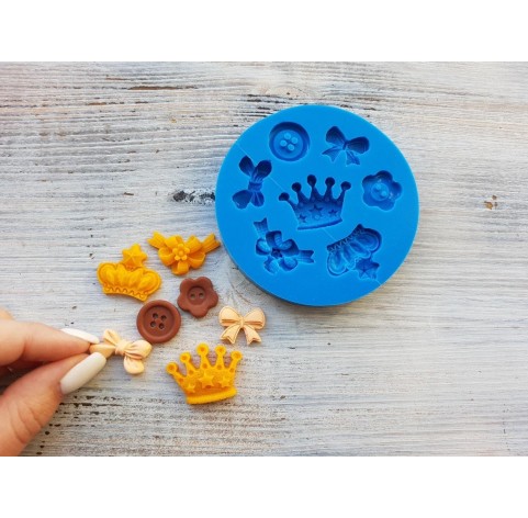 Silicone mold, Set of 7 types (crown, buttons, bows), ~ 1.6-3 cm