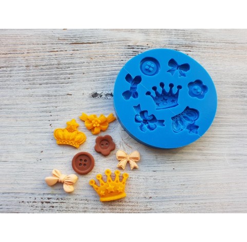 Silicone mold, Set of 7 types (crown, buttons, bows), ~ 1.6-3 cm