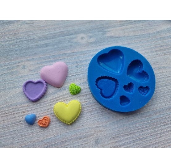 Silicone mold, Heart, style 5, 6 pcs., ~ Ø 1 cm, 2.8*3 cm, H:0.7 cm