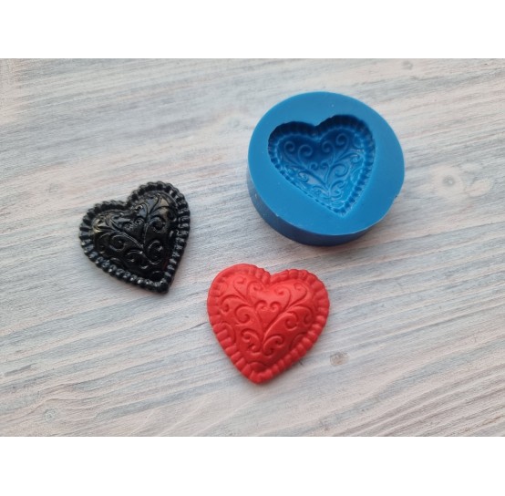Silicone mold, Heart with ornaments, ~ 3.5 cm