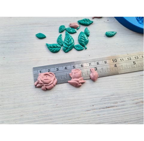 Silicone mold, Roses and leaves, different sizes, 18 pcs., ~ 0.8-4.5 cm