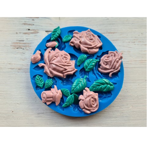 Silicone mold, Roses and leaves, different sizes, 18 pcs., ~ 0.8-4.5 cm