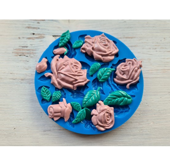 Silicone mold, roses and leaves, different sizes, 18pcs., ~ 0.8-4.5cm