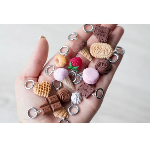 Polymer clay figurines, Assorted stitch markers on SOLID rings or LOBSTER, 20 pcs.