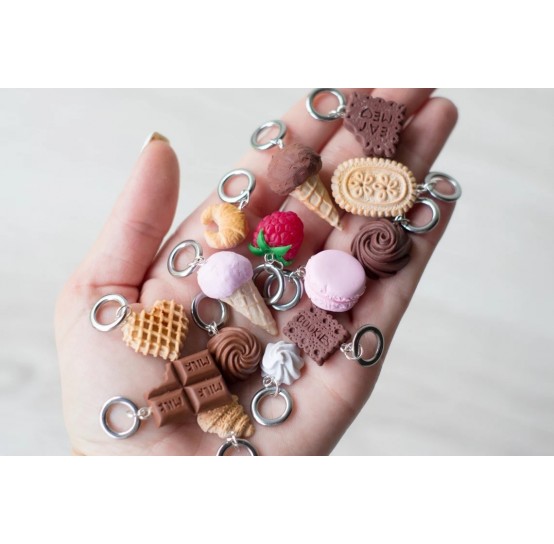 Polymer clay figurines, Assorted stitch markers on SOLID rings or LOBSTER, 15 pcs.