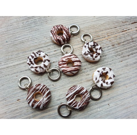 Polymer clay figurines, Donuts stitch markers on SOLID rings or LOBSTER claw, 7 pcs.