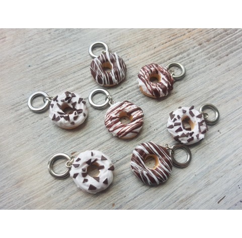 Polymer clay figurines, Donuts stitch markers on SOLID rings or LOBSTER claw, 7 pcs.