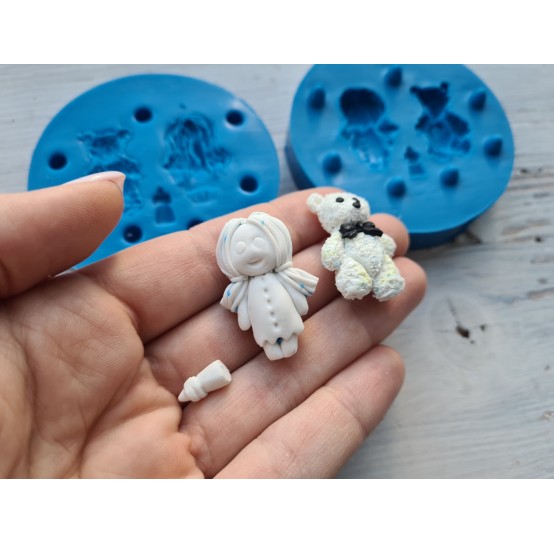Silicone mold, Doll and bear, ~ 2*3 cm, baby bottle, ~ 1 cm, H:1.5 cm, 2 parts mold, 3D, miniature 1:12