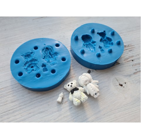 Silicone mold, Doll and bear, ~ 3 cm, baby bottle, ~ 1 cm, 2-part mold, 3D, miniature 1:12