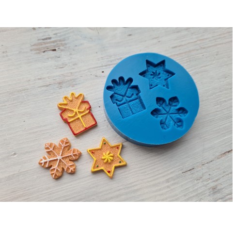 Silicone mold, Christmas set 5, 3 pcs., gift ~ 2.8 cm, snowflake ~ 2.5 cm, star ~ 2.6 cm