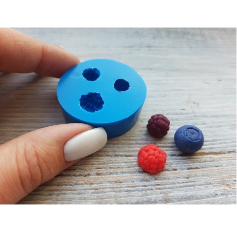 Silicone mold, Mini berries, 3 pcs., raspberry, blackberry, blueberry, ~ Ø 1-1.2 cm, H:0.7-0.8 cm