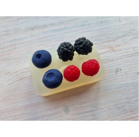 Silicone mold, Berries mix, 6 elements, raspberry, blackberry, blueberry, ~ Ø 1.7 cm, H:1.8 cm, Ø 1.7 cm, H:1.8 cm, Ø 2 cm, H:1.2-1.4 cm