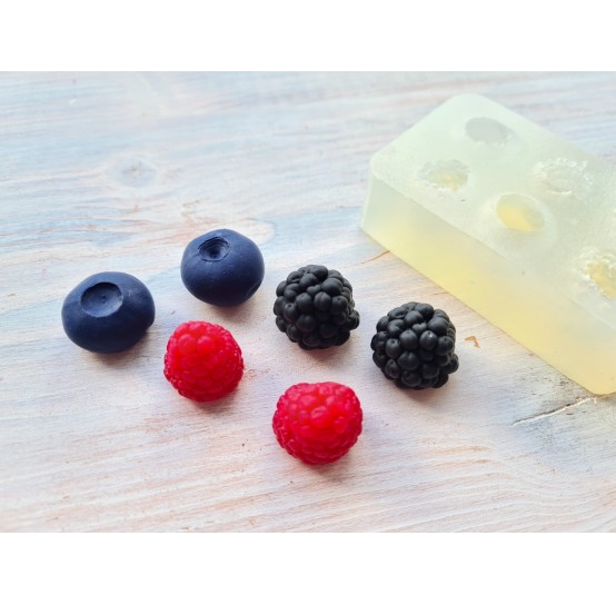Silicone mold, Berries mix, 6 elements, raspberry, blackberry, blueberry, ~ Ø 1.7 cm, H:1.8 cm, Ø 1.7 cm, H:1.8 cm, Ø 2 cm, H:1.2-1.4 cm