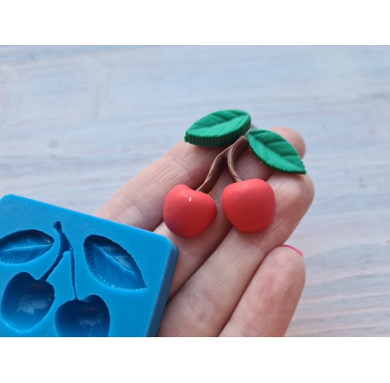 Silicone mold, Cherries with leaves, ~ Ø 2.6*2.8 cm, 0.9*2 cm, 0.8*1.9 cm, H:0.8 cm