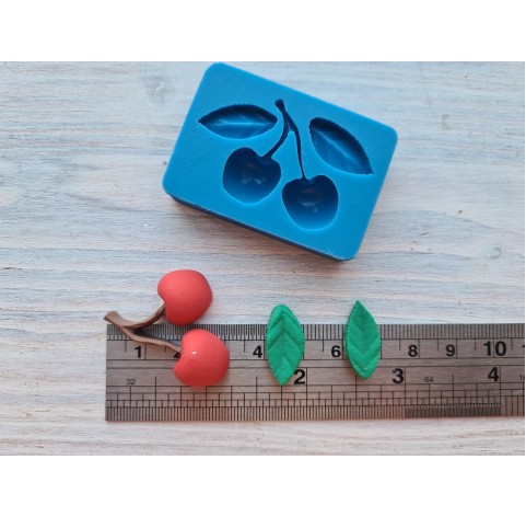 Silicone mold, Cherries with leaves, ~ Ø 2.6*2.8 cm, 0.9*2 cm, 0.8*1.9 cm, H:0.8 cm