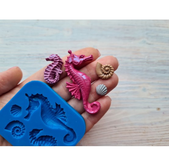 Silicone mold, Sea horses and seashells, 4 pcs., ~ 2.7*5.5 cm, ~ 1.5*2.5 cm, ~ 1.3*1.6 cm, ~ 1*1 cm