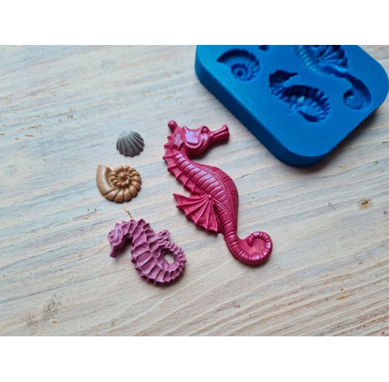Silicone mold, Sea horses and seashells, 4 pcs., ~ 2.7*5.5 cm, ~ 1.5*2.5 cm, ~ 1.3*1.6 cm, ~ 1*1 cm