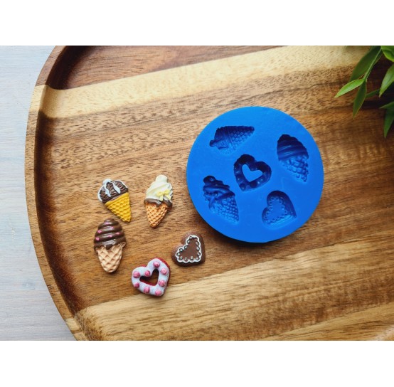 Silicone mold, Set of sweets, style 6, 5 elements, ~ 1.7-2.4 cm, H:0.4-0.8 cm