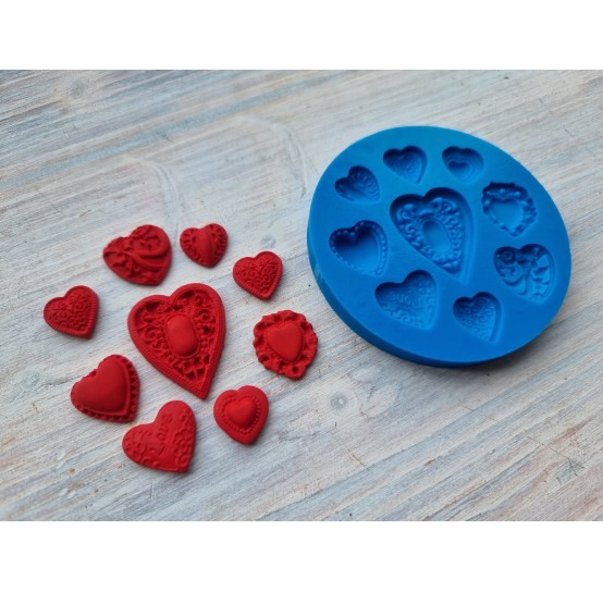 Silicone mold, Heart, style 6, 9 pcs., ~ 1.2*2.4-1.3*3 cm, H:0.5 cm