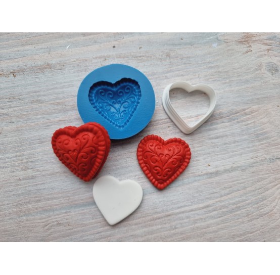 Silicone mold, Heart, style 10, with ornaments, + cutter, ~ 3.4*3.5 cm, H:0.8 cm, ~ 2.9*3.1 cm