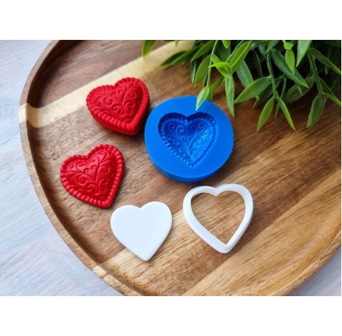 Silicone mold, Heart, style 10, with ornaments + cutter, set or individually