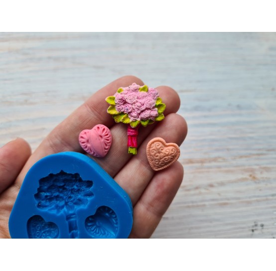 Silicone mold, Hearts, 2 pcs. and bouquet, ~ 1.4-2.5 * 1.4-3 cm