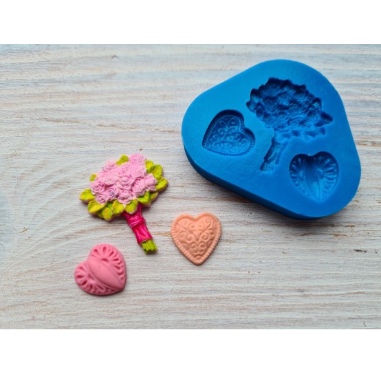 Silicone mold, Hearts, 2 pcs. and bouquet, ~ 1.3*1.4 cm, 2.5*3 cm, H:0.5 cm
