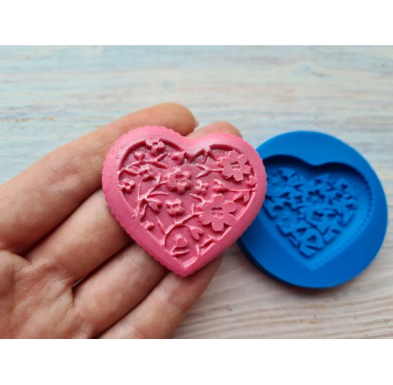 Silicone mold, Heart, style 13, with flowers, ~ 4.3*5 cm, H:0.5 cm