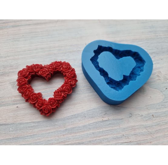 Silicone mold, Heart, style 14, with flowers, ~ 4.6*5 cm, H:0.9 cm