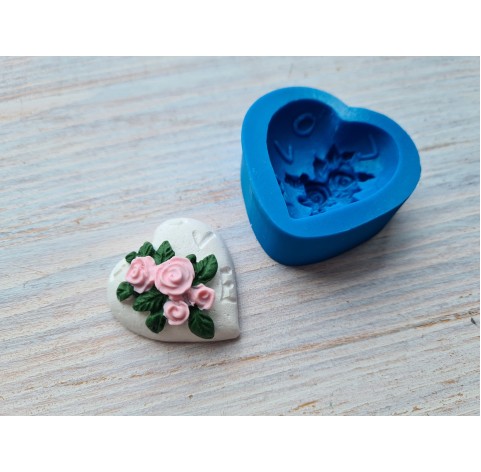 Silicone mold, Heart, style 7, with flowers, ~ 3.3*3.5 cm, H:2.2 cm