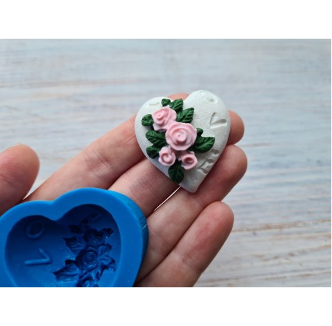 Silicone mold, Heart, style 7, with flowers, ~ 3.3*3.5 cm, H:2.2 cm