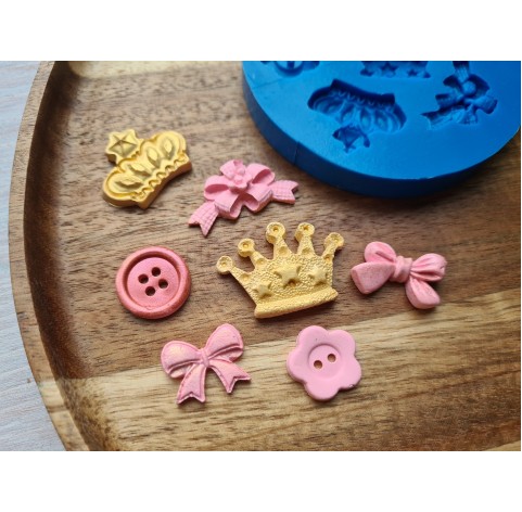 Silicone mold, Set of bow, crown, button, 7 elements, ~ 1.4-3*1.8-3 cm, H:0.3-0.6 cm