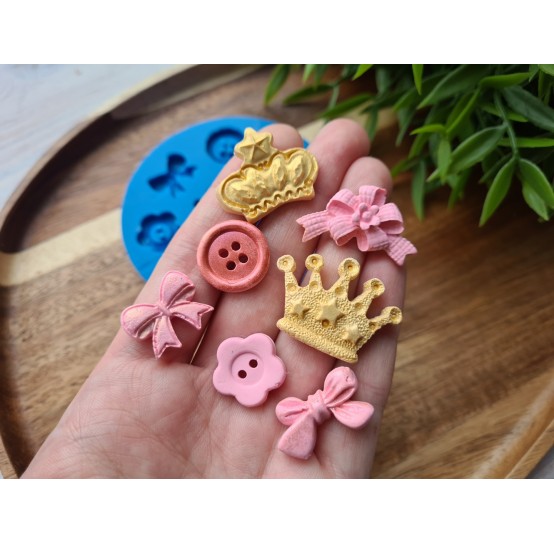 Silicone mold, Set of bow, crown, button, 7 elements, ~ 1.4-3*1.8-3 cm, H:0.3-0.6 cm