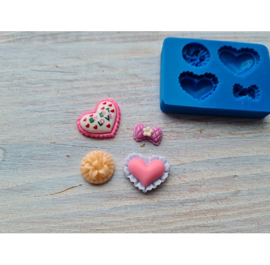 Silicone mold, Set of 3 types (heart, flower, bow), 4 pcs., ~ 1.2-2*0.8-1.6 cm, H: 0.5 cm 