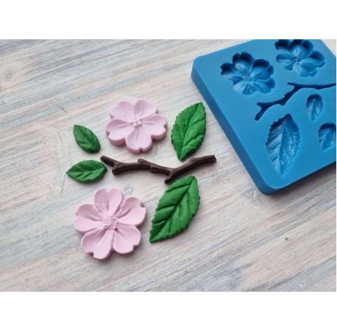 Silicone mold, Sakura branch with two flowers and 4 leaves, ~ 2.5, 4.6 cm, ~ 1.6-3 cm