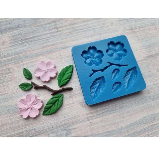 Silicone mold, Sakura branch with two flowers and 4 leaves, ~ 2.5, 4.6 cm, ~ 1.6-3 cm