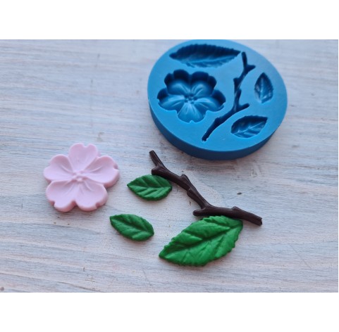 Silicone mold, Sakura branch with flower and leaves, ~ 2.5, 4.8 cm, ~ 1.6-3 cm