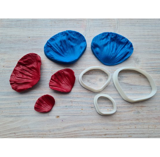 Silicone veiner, Poppy petal texture, ~ 4.3*5.5 cm + 3 cutters 3.3*5 cm, 2.6*3.5 cm, 1.9*2.5 cm, set or individually