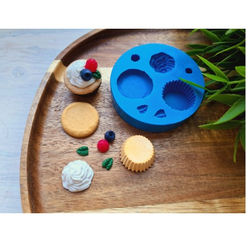 Silicone mold, Set of cupcake with cream and berries, 7 elements, ~ 0.6-2.4 cm, H:0.3-1 cm