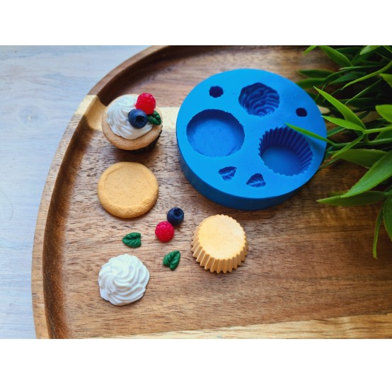 Silicone mold, Set of cupcake with cream and berries, 7 elements, ~ 0.6-2.4 cm, H:0.3-1 cm