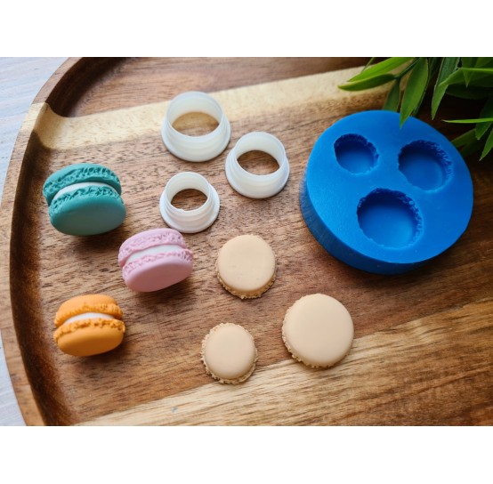Silicone mold, Macaron, style 1, 3 pcs., ~ Ø 1.5-2 cm, H:0.5-0.7 cm + 3 cutters Ø 1.3-1.6 cm
