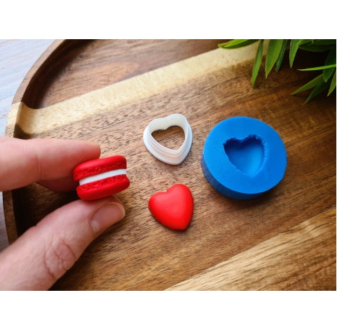 Silicone mold, Macaron, style 10, heart, small, ~ 1.8*1.9 cm, H:0.6 cm + cutter Ø 1.7 cm