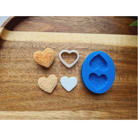 Silicone mold, Cookie, style 15, shortbread, heart, 2 elements, ~ 2.1*2.3 cm, H:0.6 cm + cutter 1.8*2.1 cm