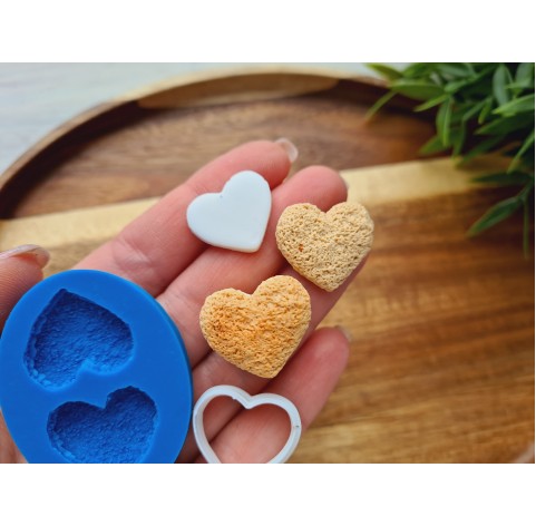 Silicone mold, Cookie, style 15, shortbread, heart, 2 elements, ~ 2.1*2.3 cm, H:0.6 cm + cutter 1.8*2.1 cm