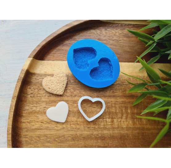 Silicone mold, Cookie, style 15, shortbread, heart, 2 elements, ~ 2.1*2.3 cm, H:0.6 cm + cutter 1.8*2.1 cm