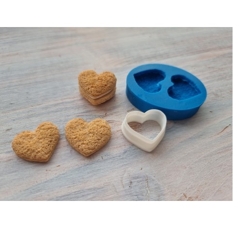 Silicone mold, Cookie 17, airy, heart, 2 pcs. + cutter, ~ 1.5*2.5 cm