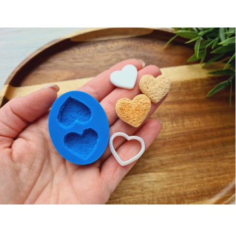 Silicone mold, Cookie, style 15, shortbread, heart, 2 elements, ~ 2.1*2.3 cm, H:0.6 cm + cutter 1.8*2.1 cm