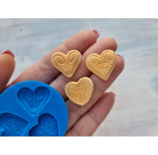 Silicone mold, Mini cookie set, style 4, heart, 3 pcs., ~ 2.2 cm